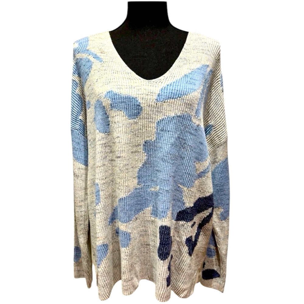 Nic + Zoe Women’s Breezy Leaves Gray Blue Knit Ribbed V Neck Spring Sweater